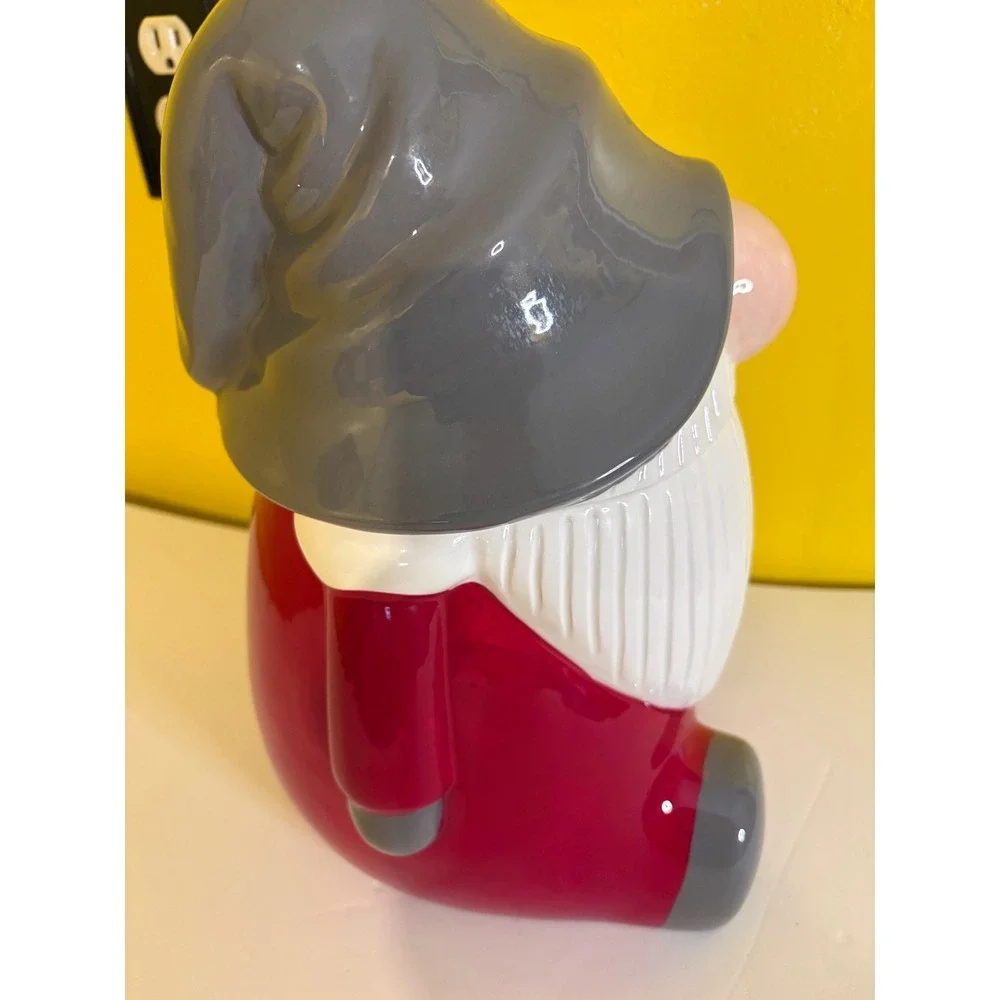 Pottery Barn Ceramic Christmas Gnome Cookie Jar Holiday Figural Red Gray Large
